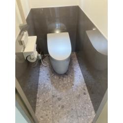 10年使用のトイレからの水漏れを期にリフォームのご相談をいただきました。掃除のしやすいトイレにしたいとのことで、腰壁下にパネルを貼り水回りに強いフローリングで仕上げました。