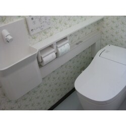 タンクレストイレで　スッキリ。トイレが広く感じます。
カウンター式手洗器で、高級感も出ました。