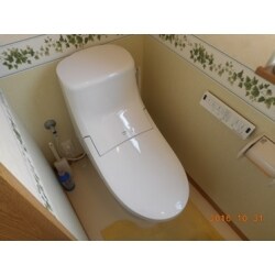 壁のトリムがアクセントになり、便器も新調したので、とても気持ちの良いかわいらしいトイレ空間になりました。