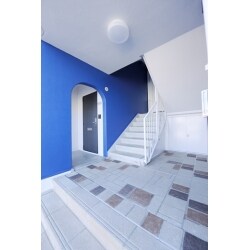 フランスをイメージさせるトリコロールカラーの鮮やかな青色。また、床のコンクリートには、塗装により模様付けし、居住者や来客者に明るい空間にてお出迎え。