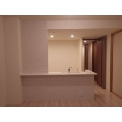キッチンカウンター下とコンロ裏の壁にエコカラットを貼りました。湿調、臭い吸着の効果が高い素材ですので、キッチンまわりにはピッタリです。グラナスハルトは凹凸があり、施工が大変な分、本物の煉瓦のような印象です。 　　　　　　　　　　　　　　　　　　　　　　　　　　　　　　　　　　　　　　　　　　　使用商品【LIXIL　エコカラット プラス　グラナスハルト：ホワイト】