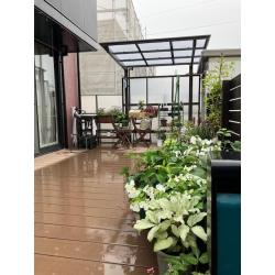 既設のウッドデッキを撤去し、メンテナンスの負担が少ない樹脂製のデッキを設置しました。ラティスもフェンスに交換し、テラスを設置しました。趣味の園芸をより楽しめる空間へ生まれ変わりました。