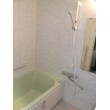緑の浴槽とラウンドラインホワイトの鏡面の壁のコーディネートで清潔なイメージです。
シャワー部は、スライドフックで高さ調節が自在なだけでなく、握りバーとしても使用出来ます。
