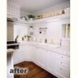 セミオープン型のキッチンにしオリジナルの扉を使用し、白いタイル貼りのカウンタートップや壁で明るくしました。