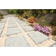 新たに作った石畳のアプローチ。規則正しく並ぶ正方形の天然石に、脇の花々が色を添える。
