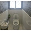 壁の上部のブルー系のロココ調クロスのシックな華やかさと、壁の下部と床の鏡面の輝きのコントラストが美しいトイレになりました。