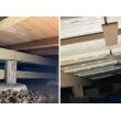 左側の写真は断熱材を取付ける前に下地を補修しています。床の合板、根太が見えています。右側の写真は根太の間に発砲系の床下断熱材を取付けた状態です。