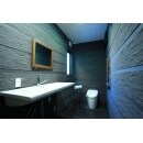 独立した洗面所、トイレを一つの同じ空間に壁はタイル貼りで照明の入り方により室内の雰囲気が変わるので、面白く仕上がりました。