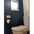 玄関ホールと同じ配色です。ホールから一続きにトイレにも繋がるので、同じような空間を作ってみました。トイレや壁の白が映えます。白と紺は、クロスではなく塗料を使っています。