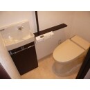 狭いトイレもタンクレストイレでスペース確保。

収納付の手洗い器を設置したので掃除道具やトイレットペーパーの予備なども煩雑になりません。
