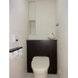トイレはキャビネットと一体型のタイプを採用。正面の壁には調湿や消臭機能を持つエコカラットを採用。