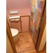 トイレ正面の壁面をアクセントにしました。側面のピンクだけよりも楽しい空間に感じます。