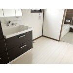 白×ダークブラウンのシンプルな洗面空間
