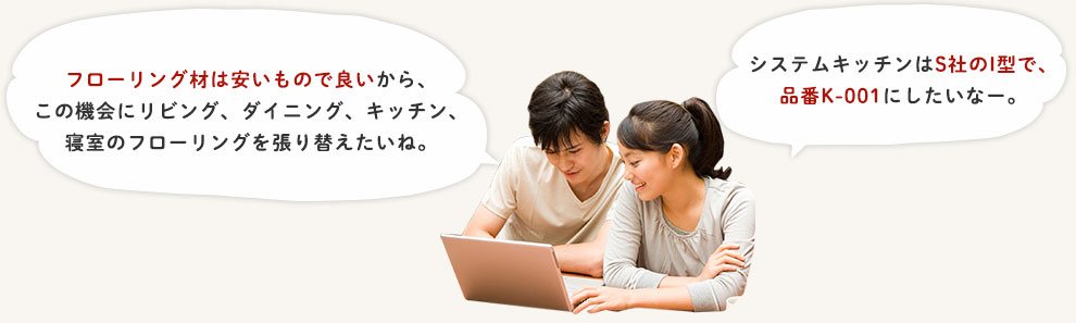 フローリング材は安いもので良いから、この機会にリビング、ダイニング、キッチン、寝室のフローリングを張り替えたいね。システムキッチンはS社のI型で、品番K-001にしたいなー。
