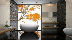 Interior of  stylish bathroom with black floor 3D rendering