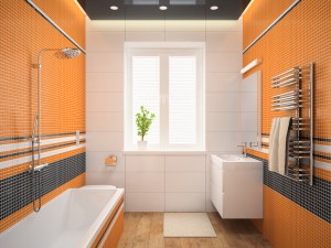 Interior of the modern design  bedroom with orange wall 3D rende