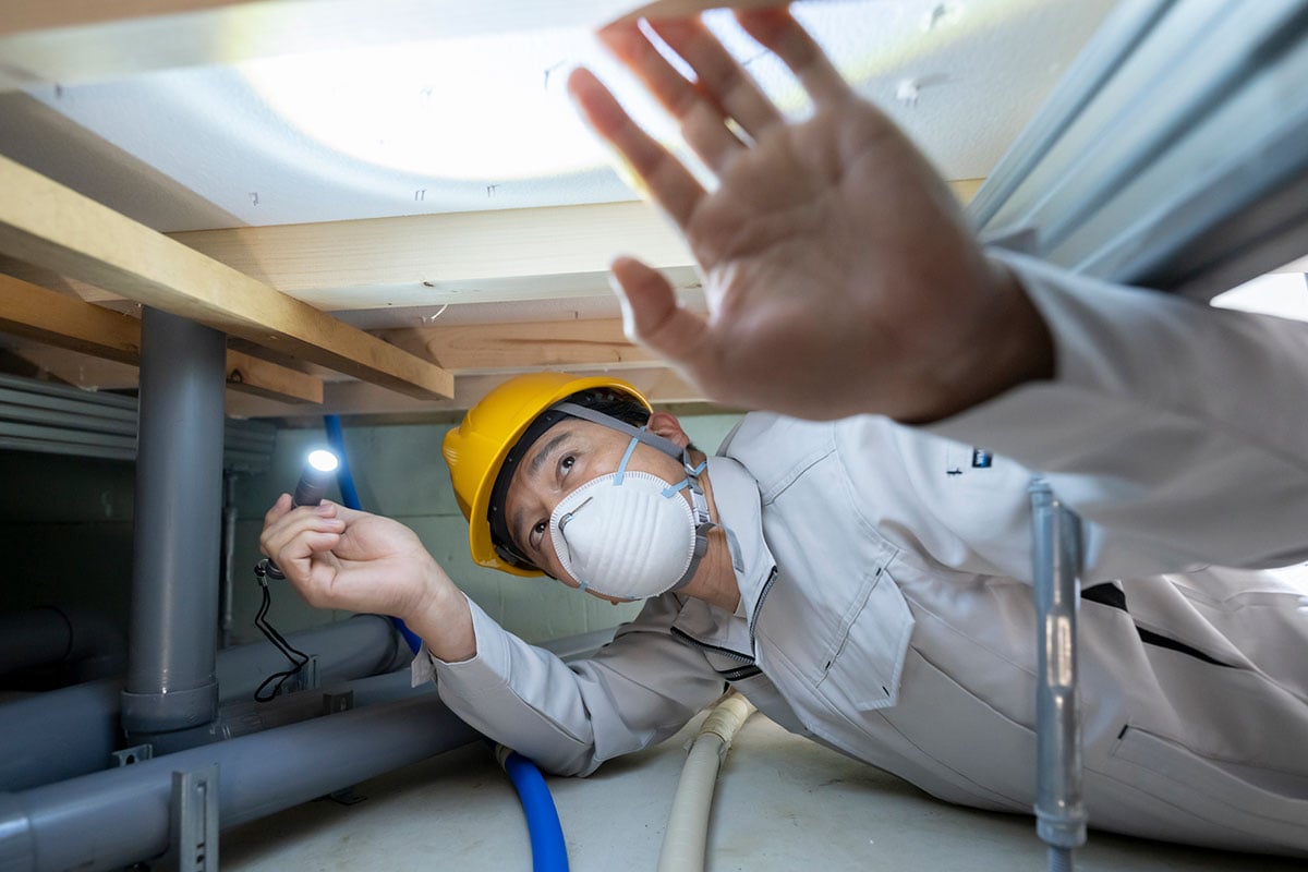住宅の床下を点検する作業服の男性